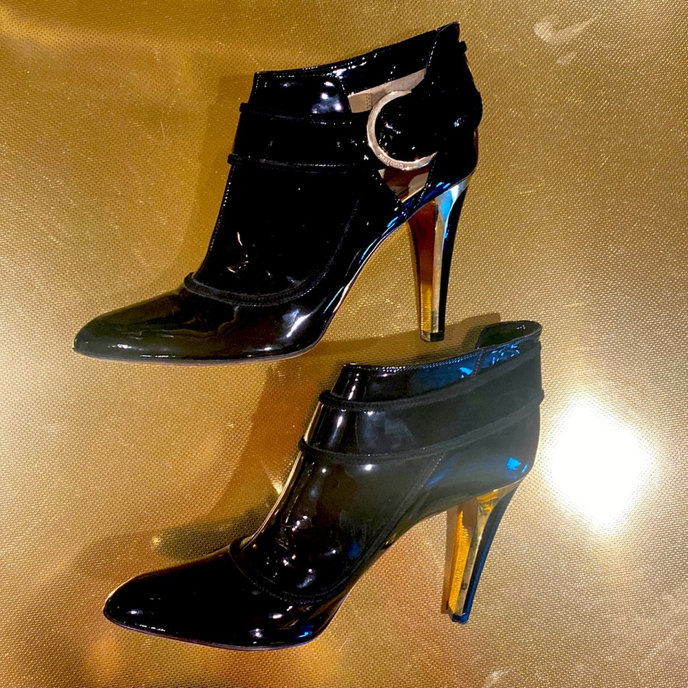 Jimmy Choo Black Patent Leather Ankle Boots w/ Gold Buckle - Size 41
